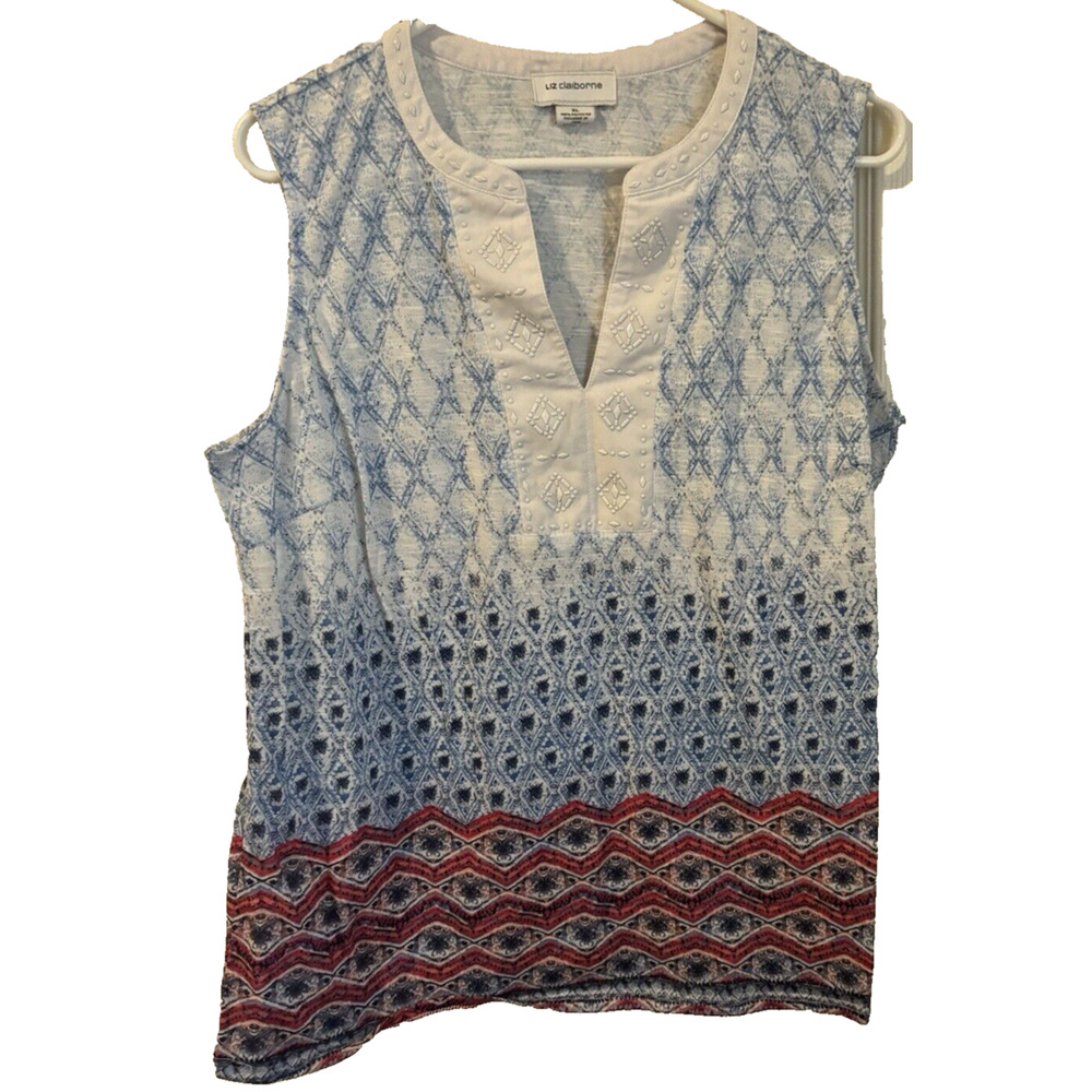 Liz Claiborne Woman’s XL Sleeveless Blue red and white Boho Polyester v neck